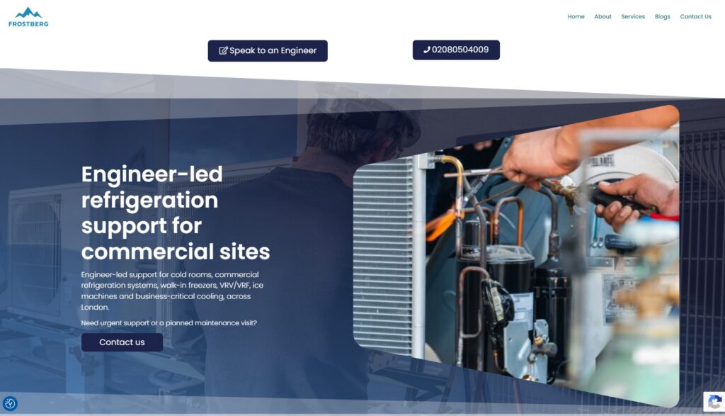 Frostberg Refrigeration website homepage — commercial refrigeration case study